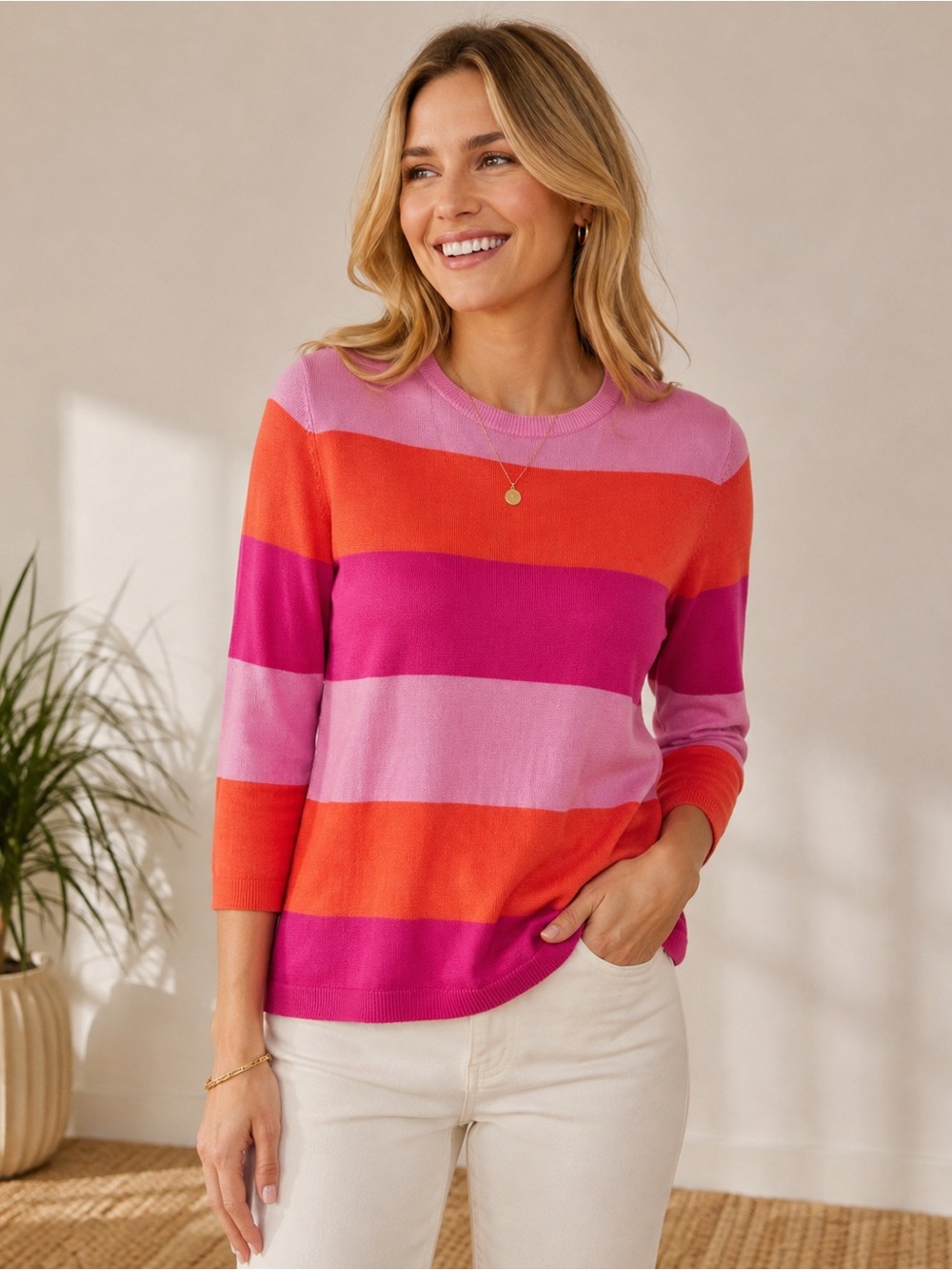 Lauren Ralph Lauren Striped Colorblock Knit Sweater Pink Orange Small